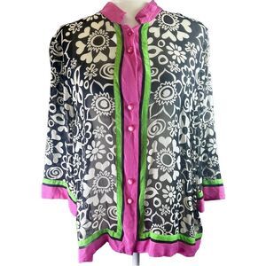 Bob Markie Wearable Art Women's Black Pink Retro Button Up 100% Silk Sheer Artsy